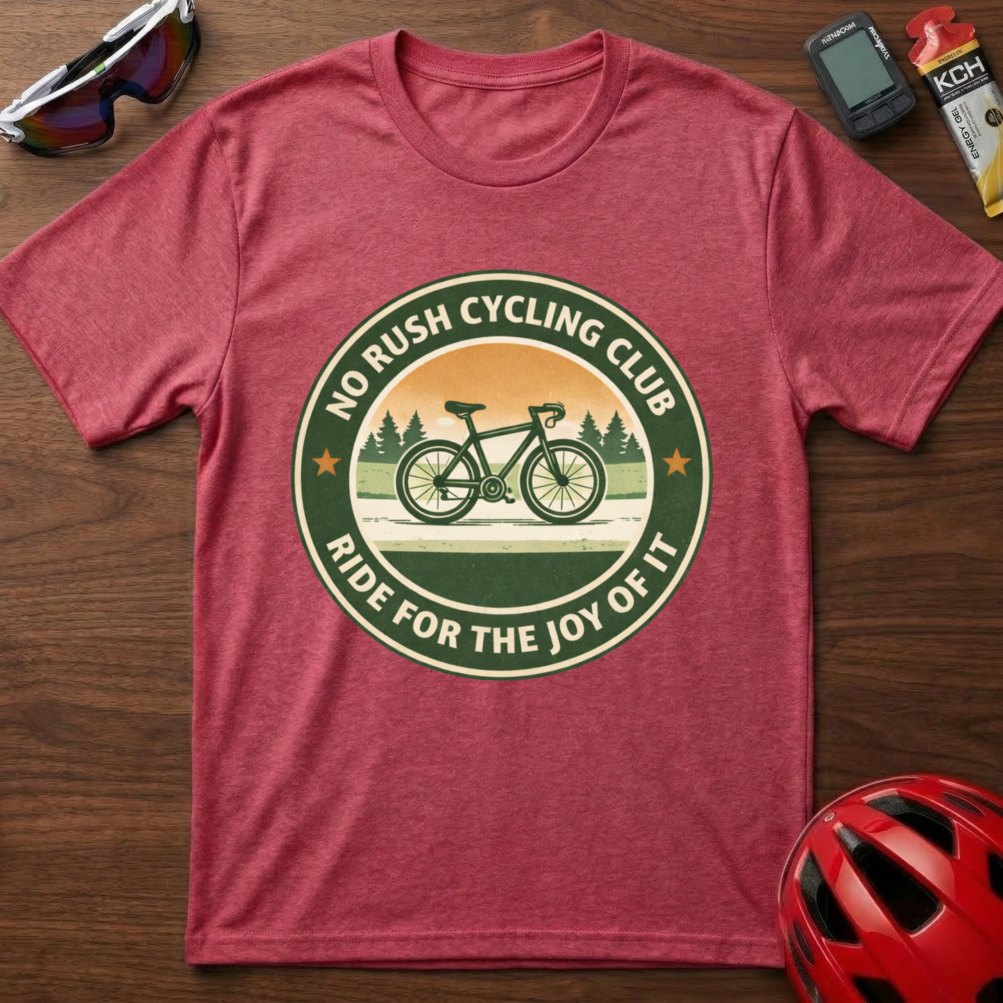 Cycling T-Shirt — “No Rush Cycling Club: Ride for the Joy of It” Vintage Bike Tee