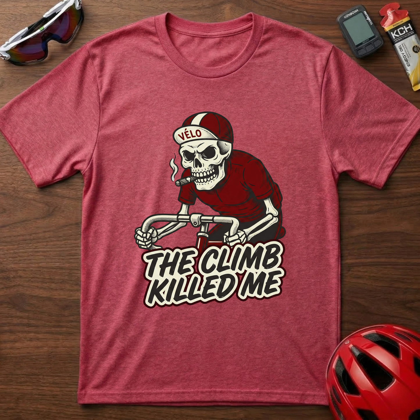 Cycling T-Shirt — 'The Climb Killed Me' Skull Biker Tee