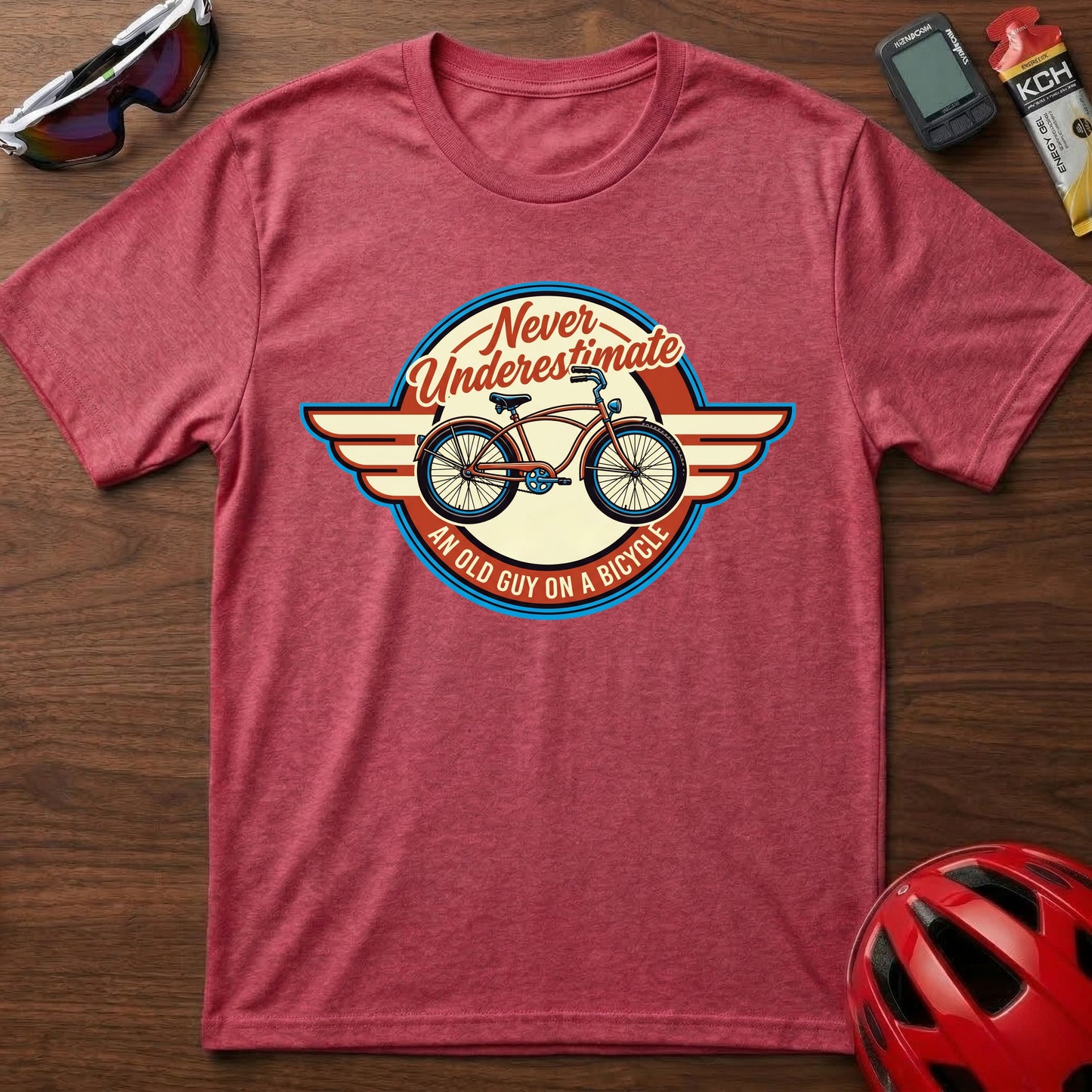 Cycling T-Shirt — "Never Underestimate a Man on a Bicycle" Retro Bike Graphic