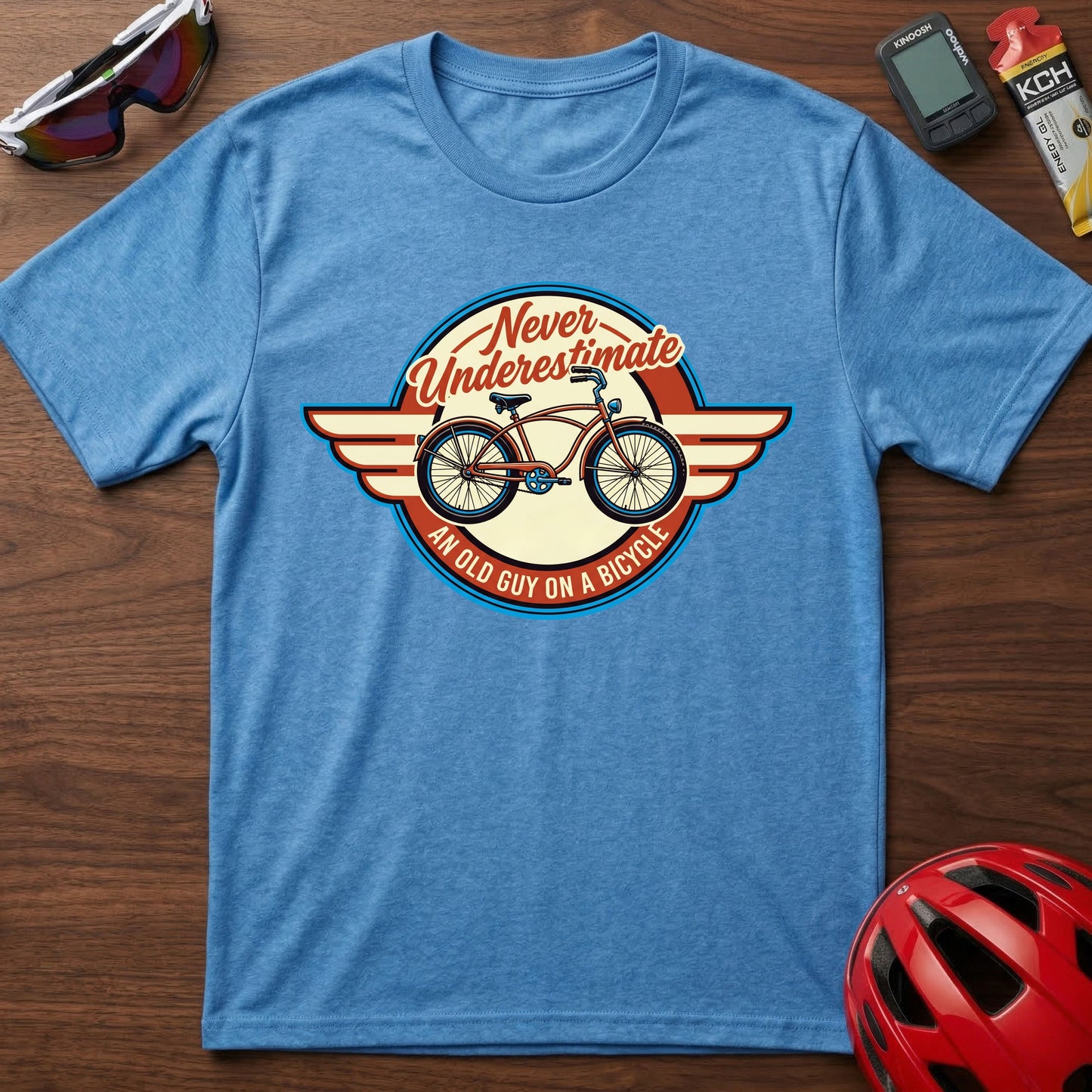Cycling T-Shirt — "Never Underestimate a Man on a Bicycle" Retro Bike Graphic