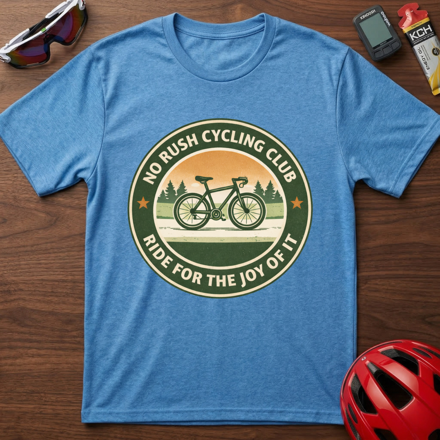 Cycling T-Shirt — “No Rush Cycling Club: Ride for the Joy of It” Vintage Bike Tee