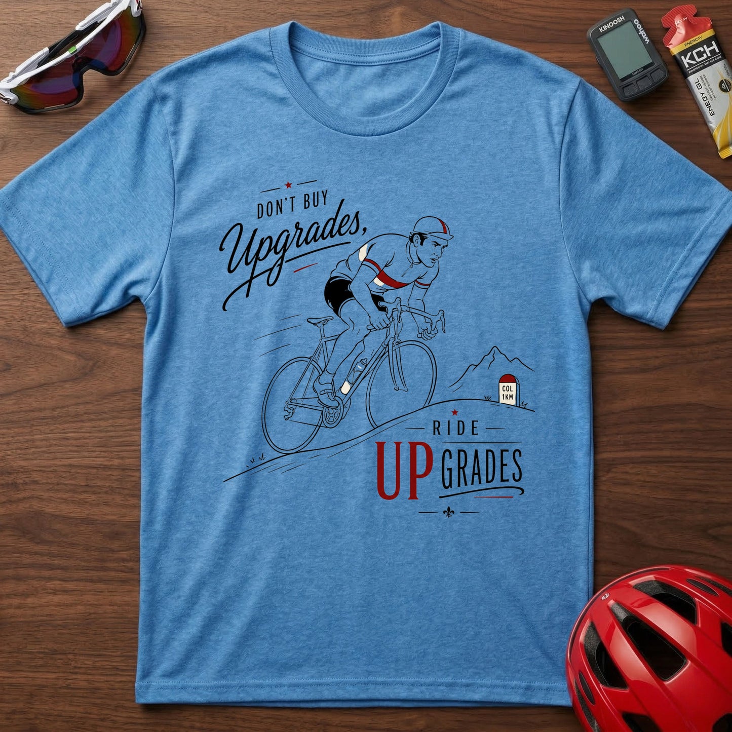 Cycling T‑Shirt — Eddie Merckx “Don’t Buy Upgrades, Ride Upgrades” Retro Bike Tee