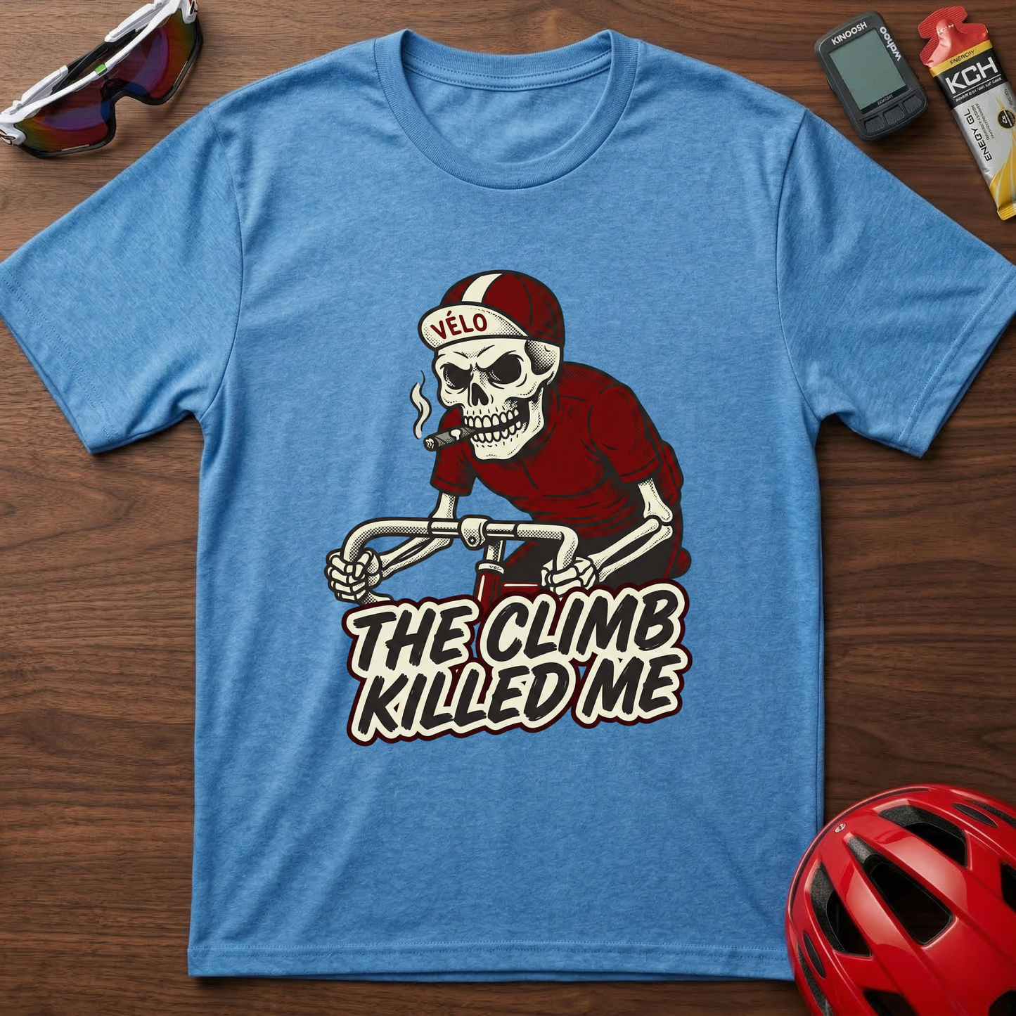 Cycling T-Shirt — 'The Climb Killed Me' Skull Biker Tee