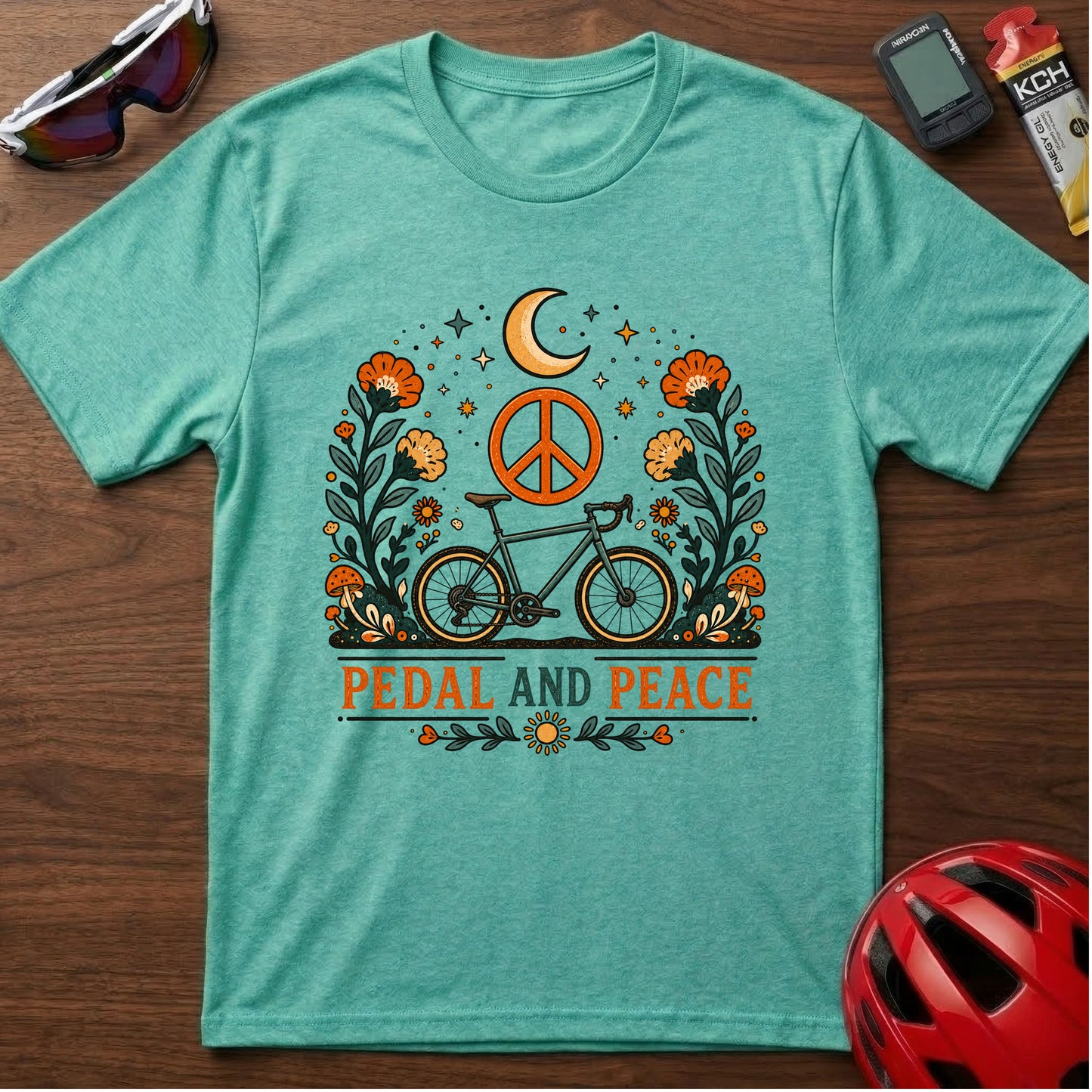 Pedal and Peace Cycling T‑Shirt — Moon, Flowers & Peace Sign Cycling Tee