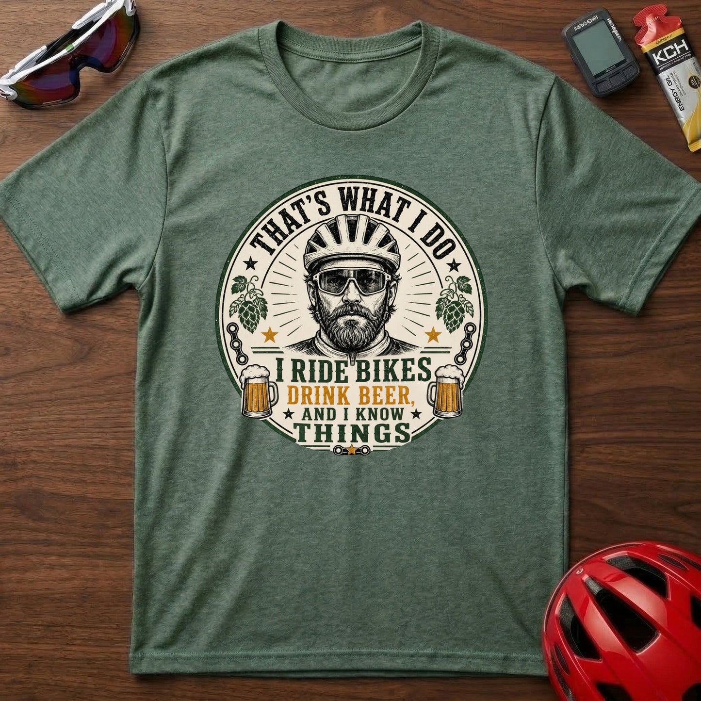 Cycling T-Shirt — “That’s What I Do, I Ride Bikes, Drink Beer, And I Know Things” Retro Cycling Tee