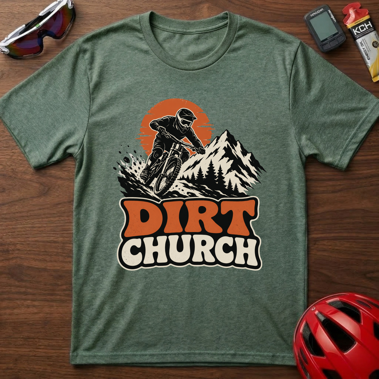 Dirt Church Mountain Biking T-Shirt — Retro Sunset MTB Tee