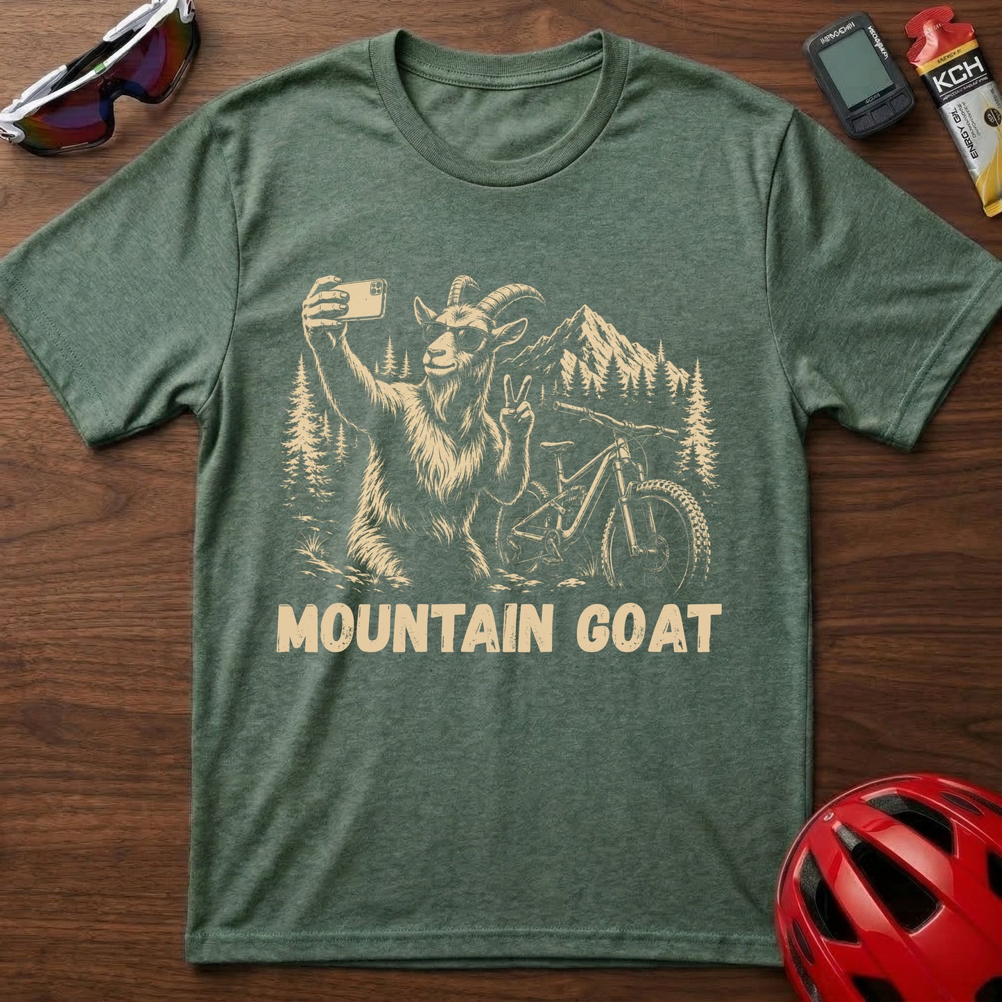Mountain Goat Cycling T-Shirt — Funny Biking Selfie Tee for Outdoor and Trail Lovers