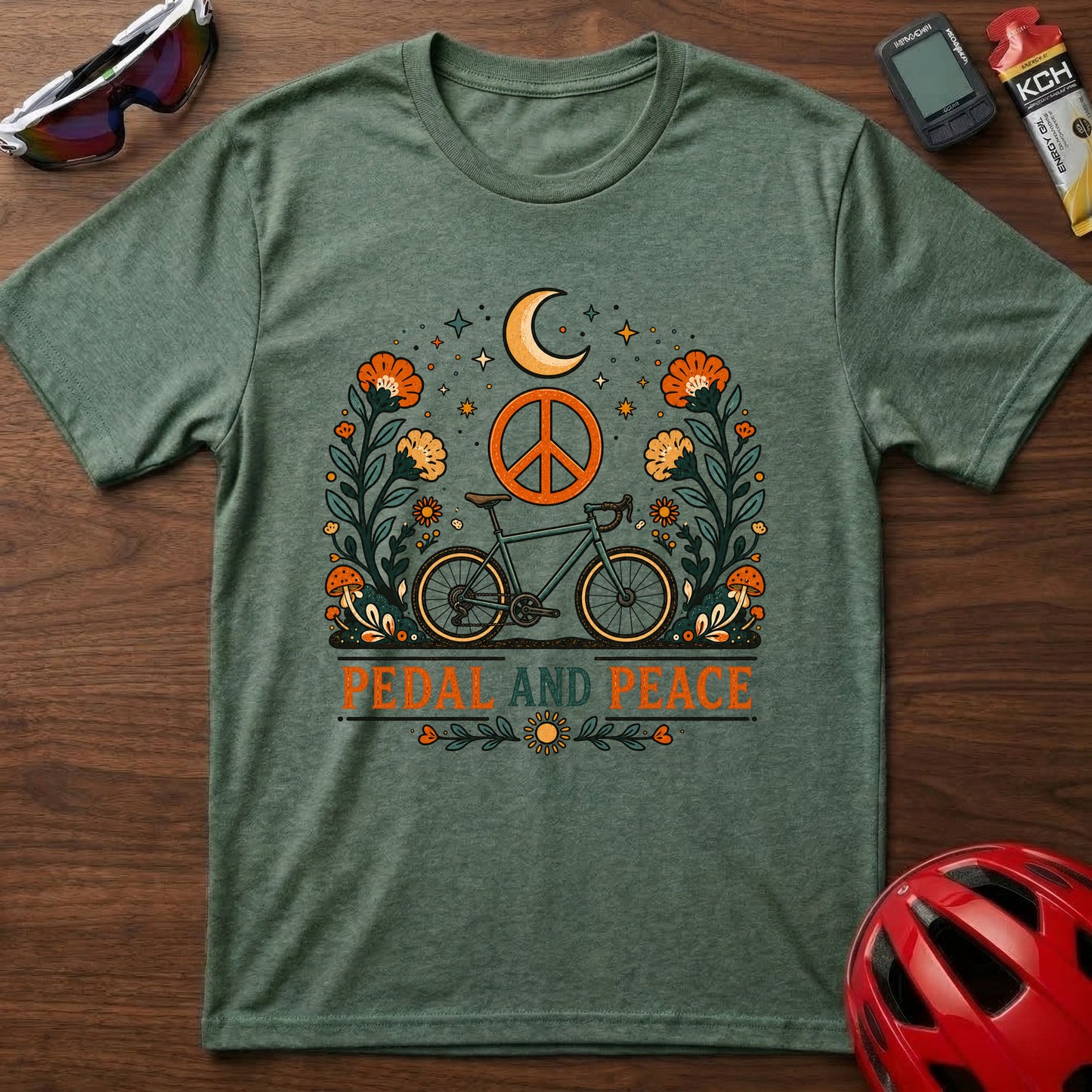 Pedal and Peace Cycling T‑Shirt — Moon, Flowers & Peace Sign Cycling Tee