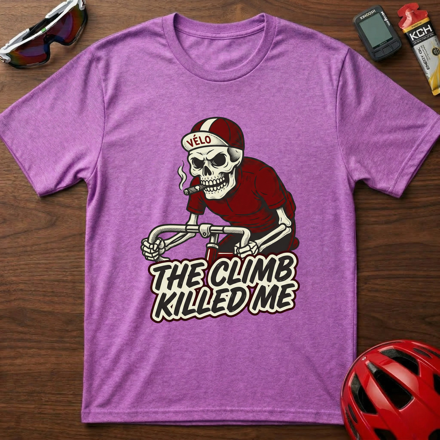 Cycling T-Shirt — 'The Climb Killed Me' Skull Biker Tee