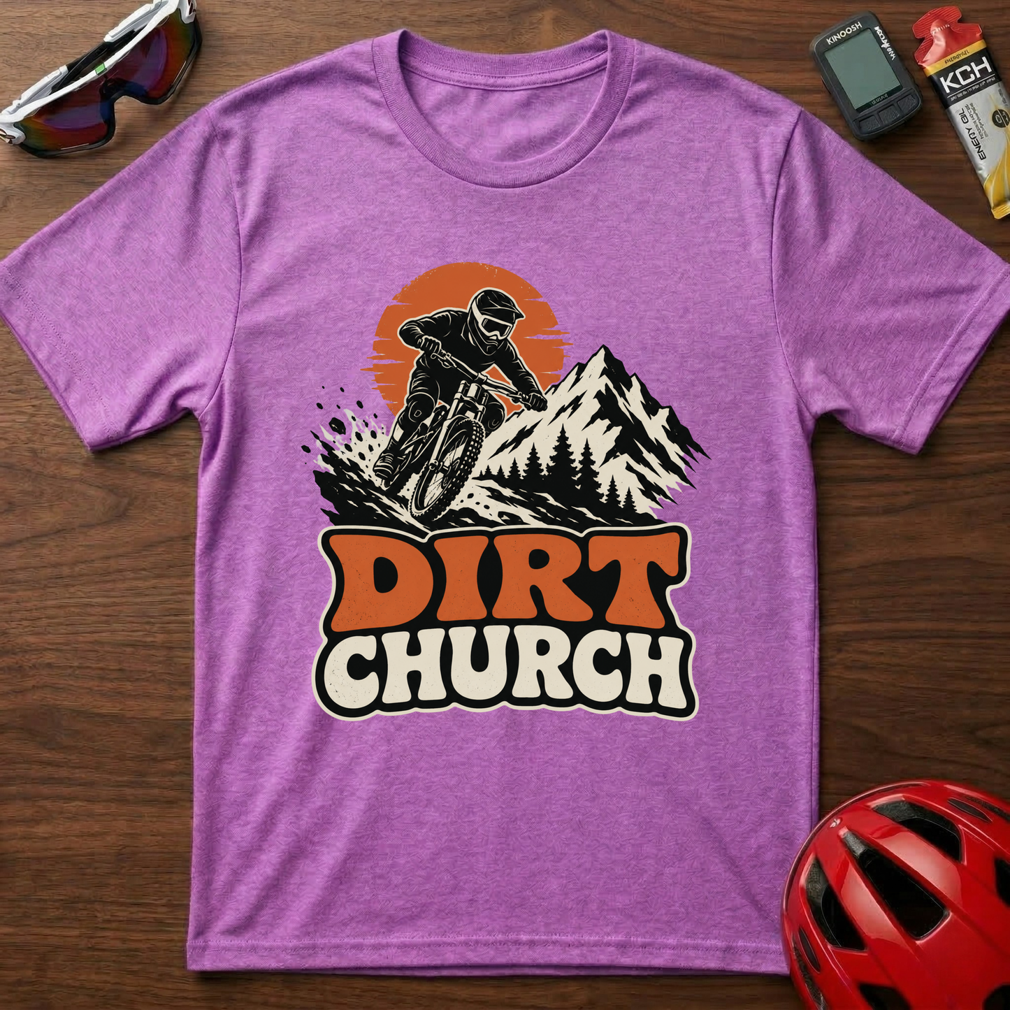 Dirt Church Mountain Biking T-Shirt — Retro Sunset MTB Tee