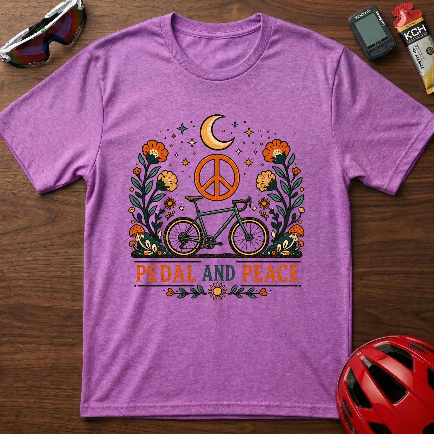 Pedal and Peace Cycling T‑Shirt — Moon, Flowers & Peace Sign Cycling Tee
