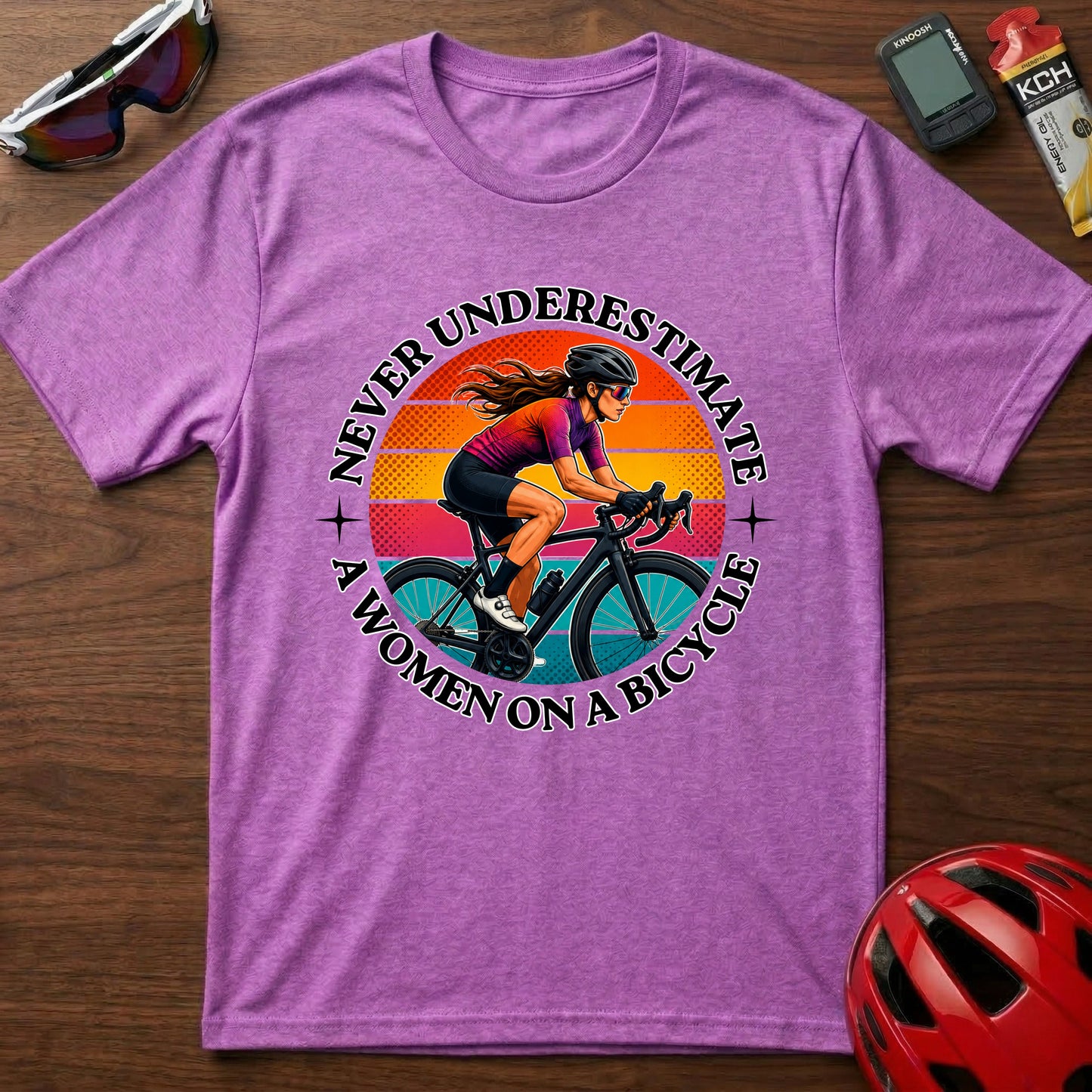 Never Underestimate A Woman On A Bicycle T-Shirt — Retro Cycling Tee for Women