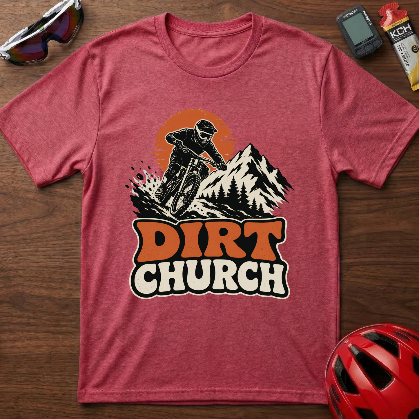 Dirt Church Mountain Biking T-Shirt — Retro Sunset MTB Tee