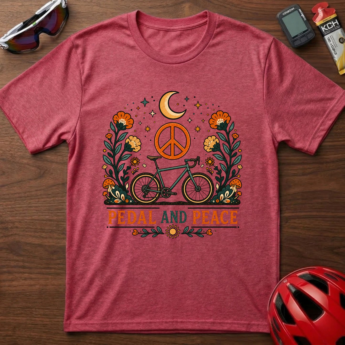 Pedal and Peace Cycling T‑Shirt — Moon, Flowers & Peace Sign Cycling Tee