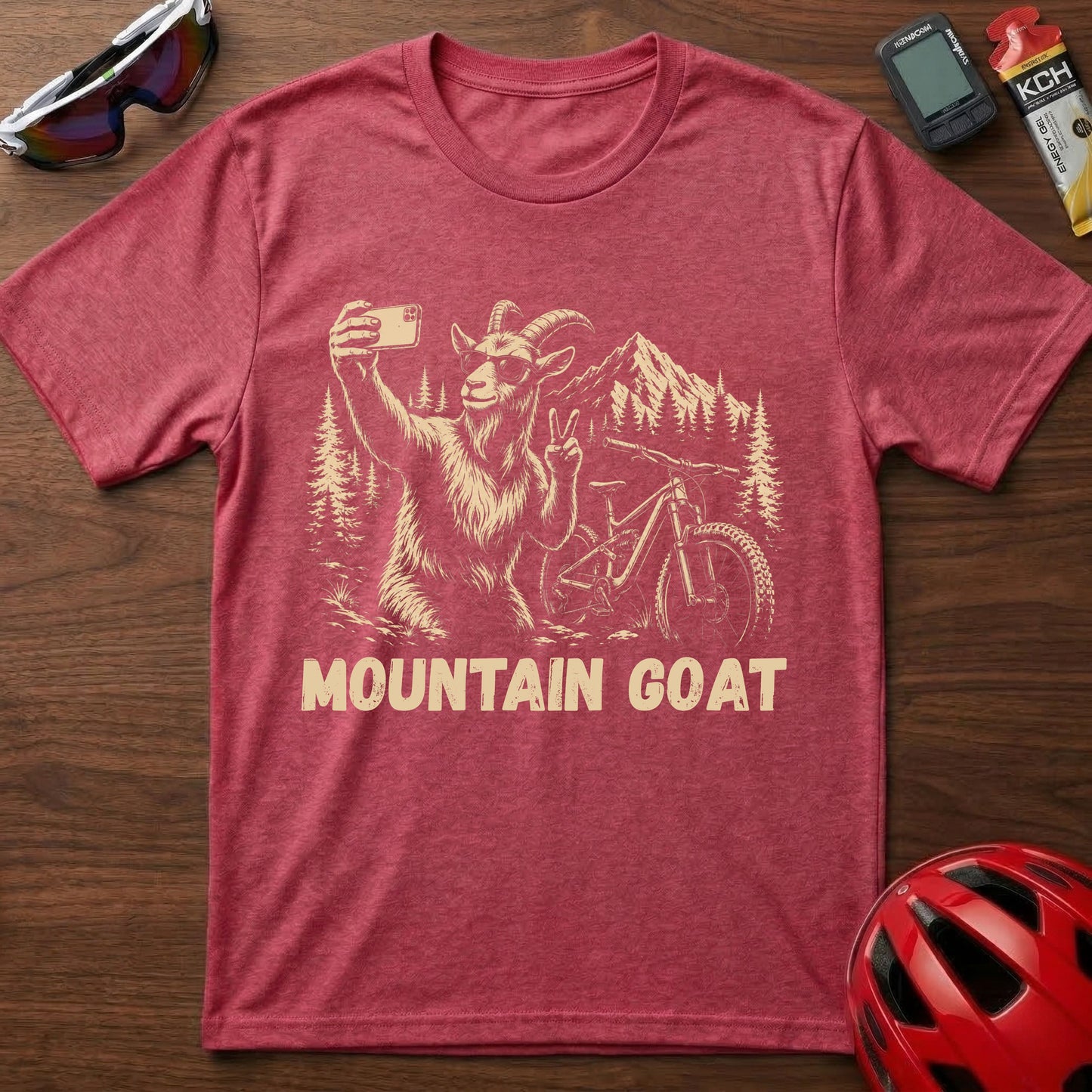 Mountain Goat Cycling T-Shirt — Funny Biking Selfie Tee for Outdoor and Trail Lovers