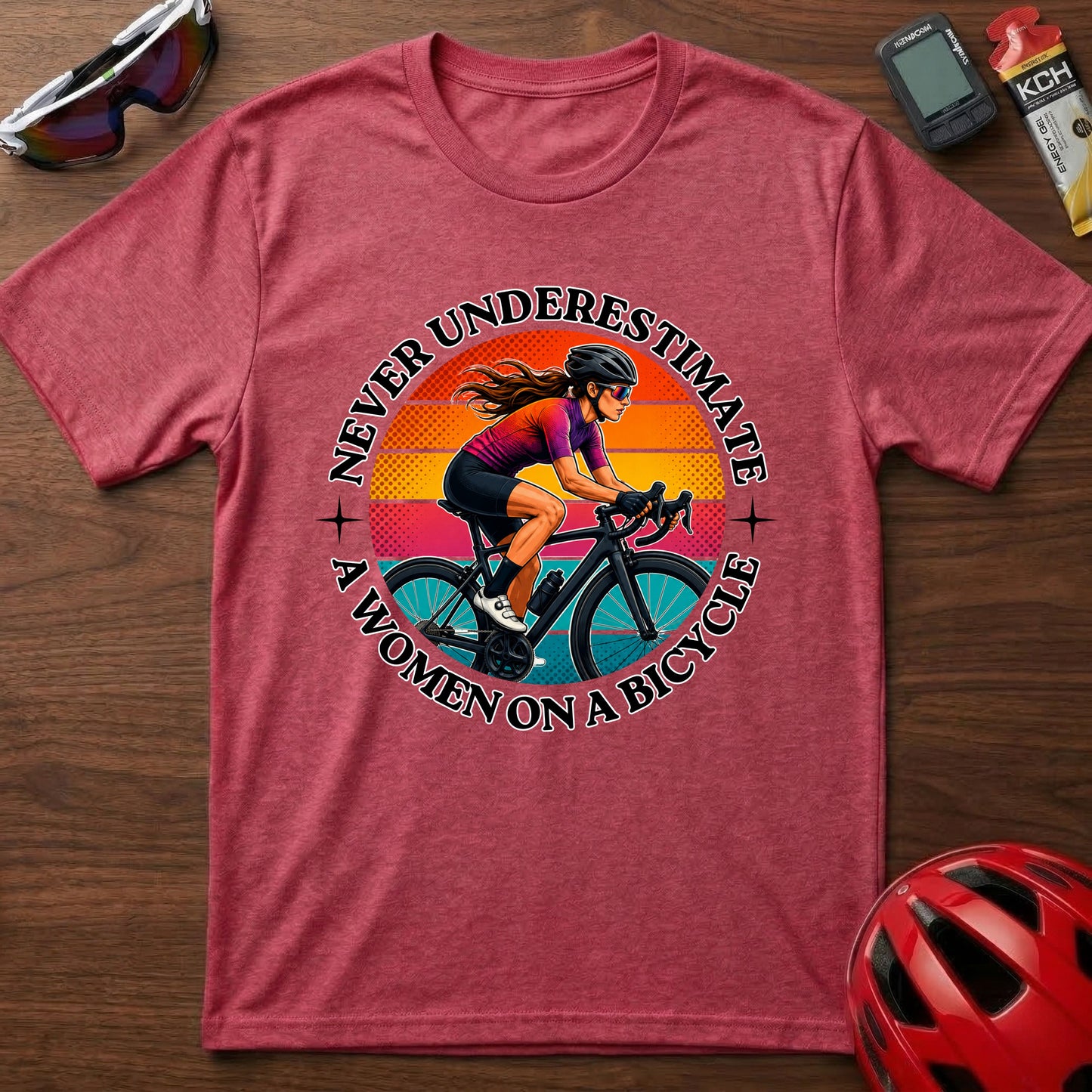 Never Underestimate A Woman On A Bicycle T-Shirt — Retro Cycling Tee for Women