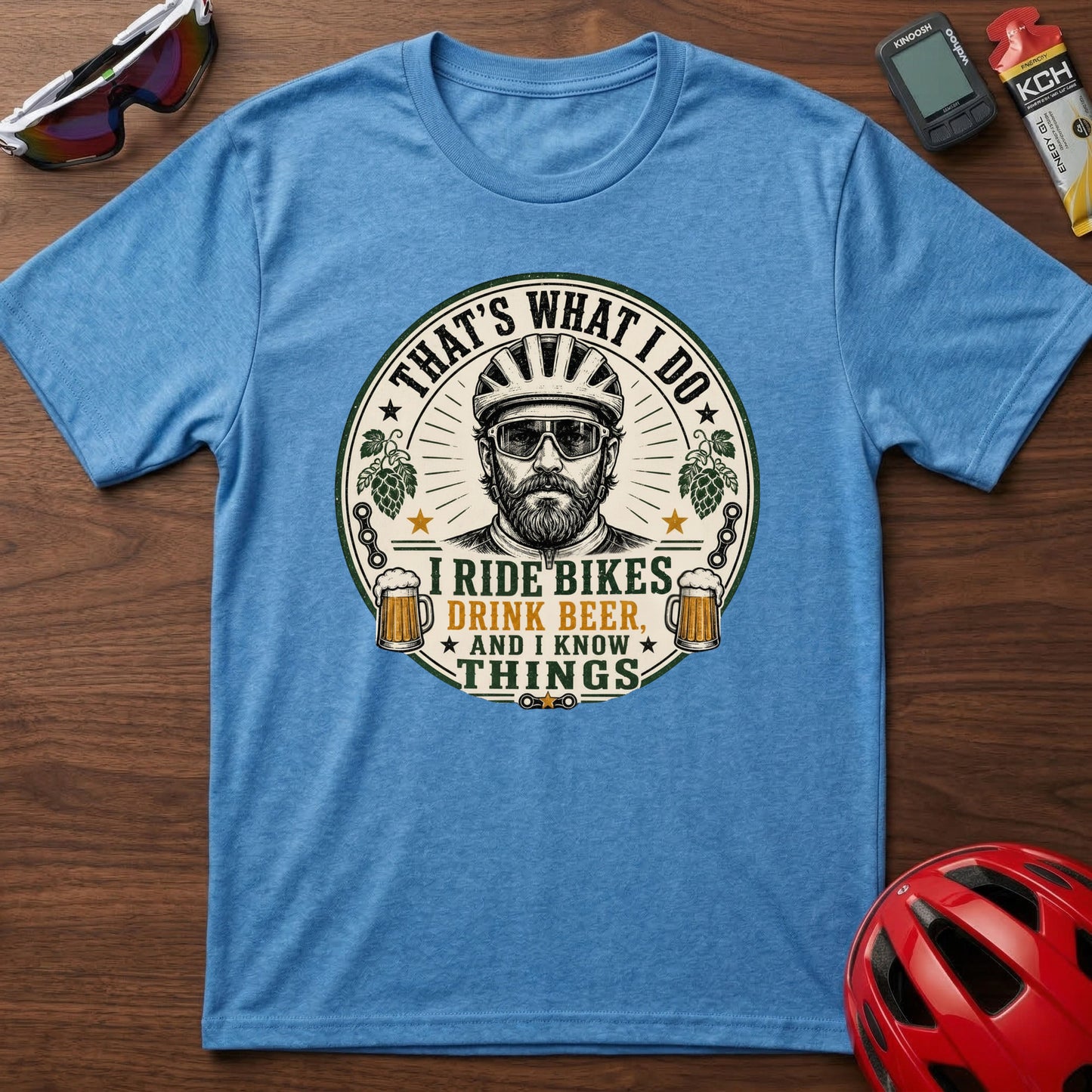 Cycling T-Shirt — “That’s What I Do, I Ride Bikes, Drink Beer, And I Know Things” Retro Cycling Tee