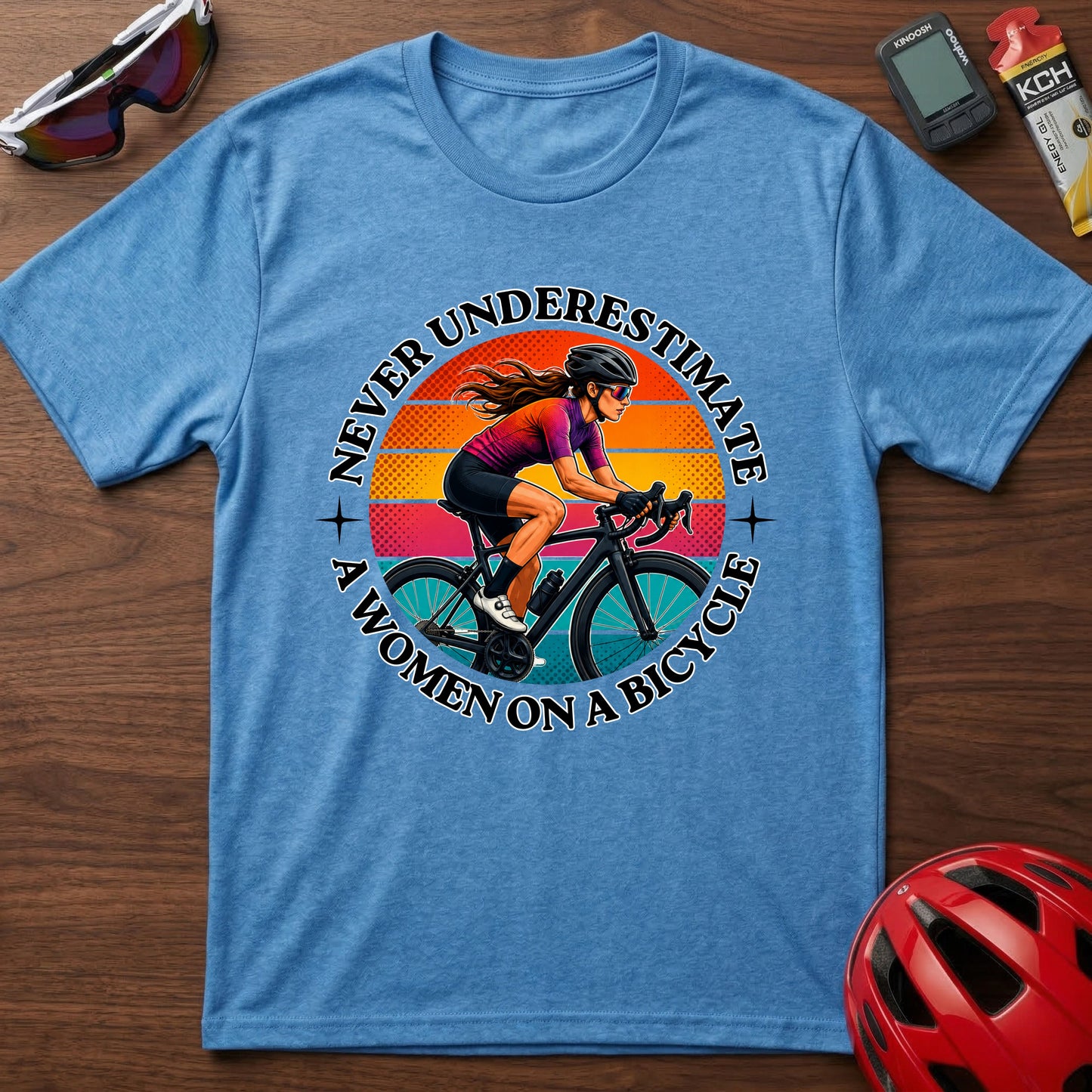 Never Underestimate A Woman On A Bicycle T-Shirt — Retro Cycling Tee for Women