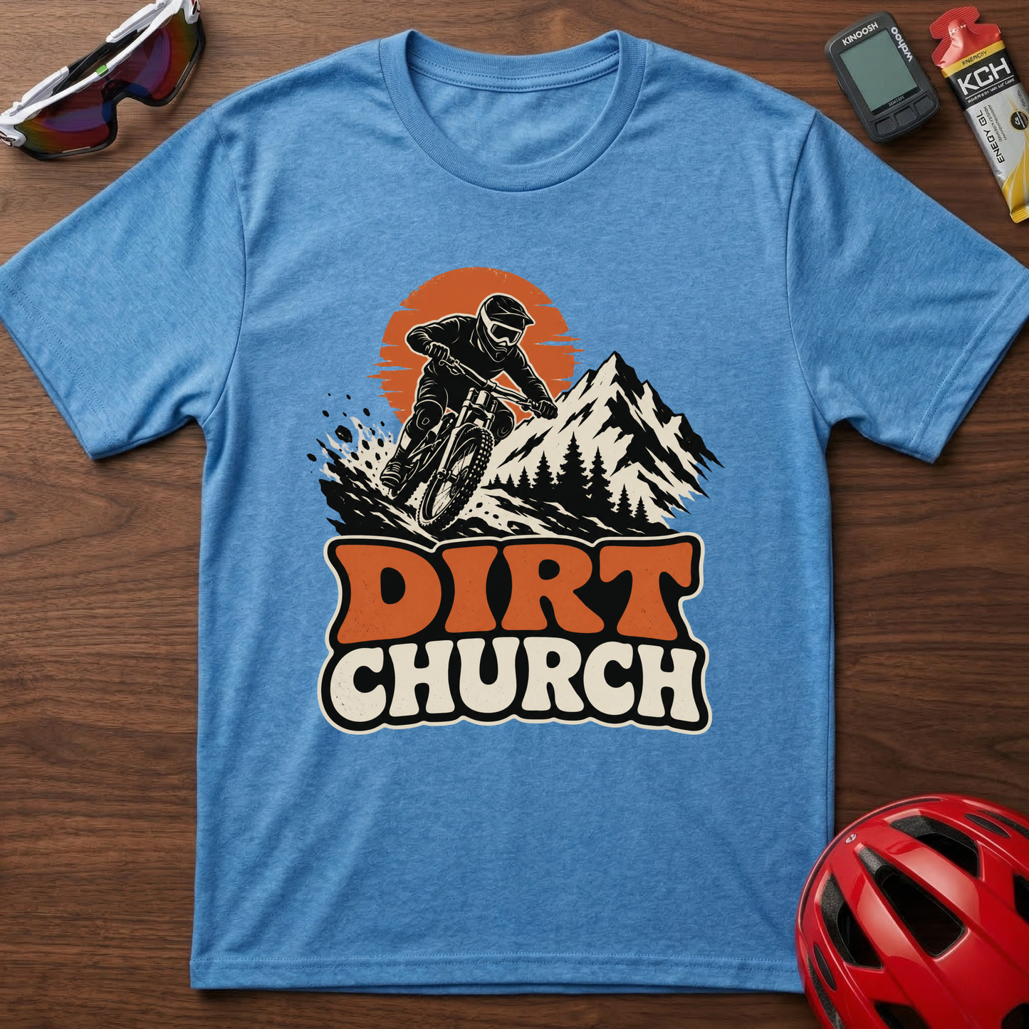 Dirt Church Mountain Biking T-Shirt — Retro Sunset MTB Tee