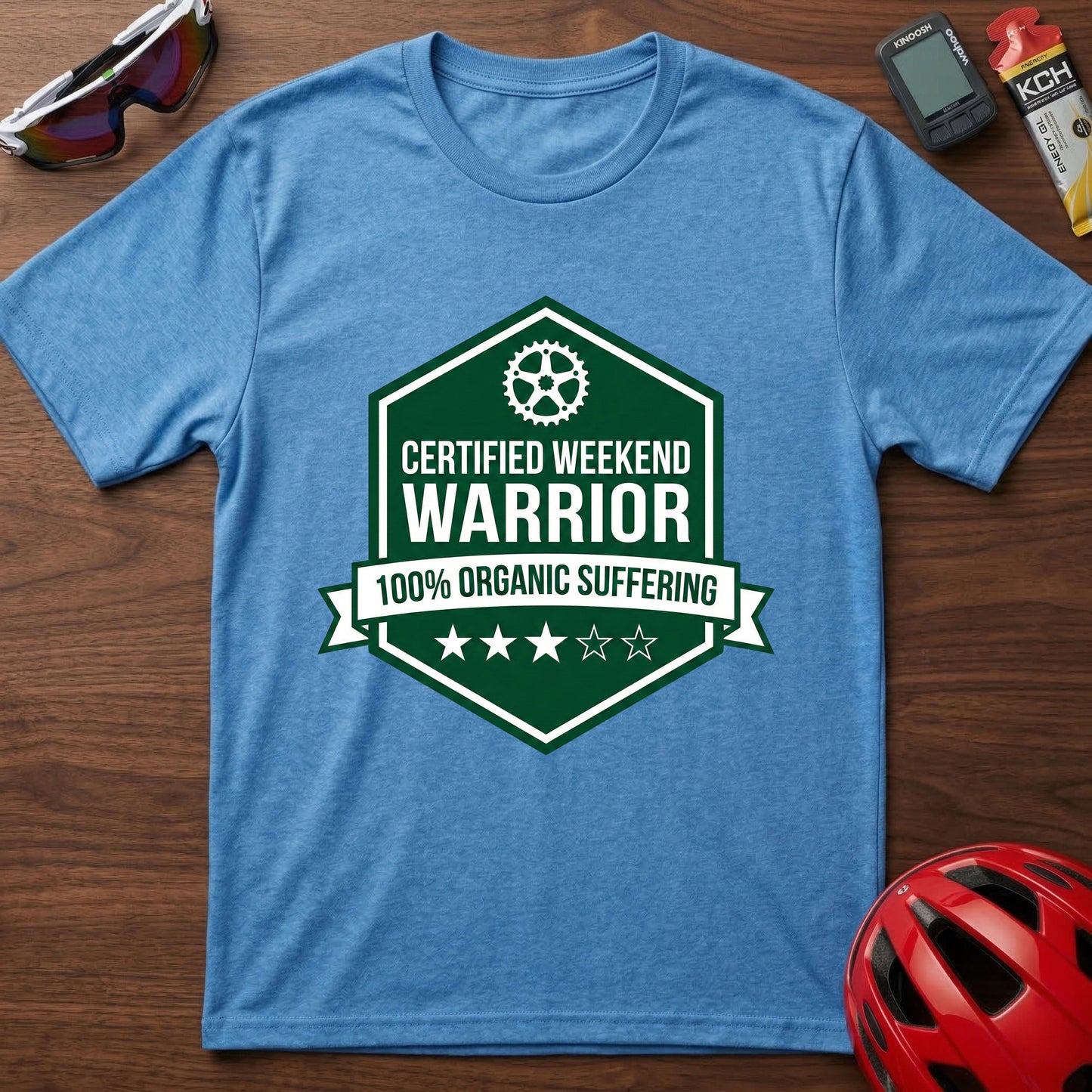 Weekend Warrior Cycling T-Shirt — “Certified Weekend Warrior: 100% Organic Suffering” Badge Tee