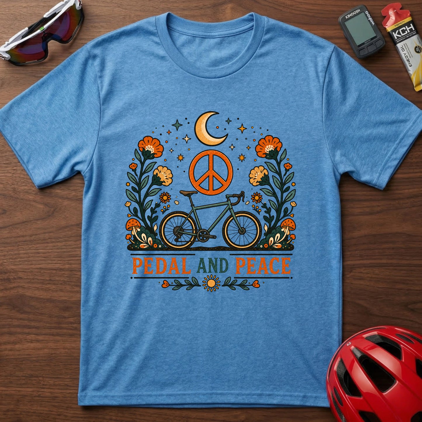 Pedal and Peace Cycling T‑Shirt — Moon, Flowers & Peace Sign Cycling Tee