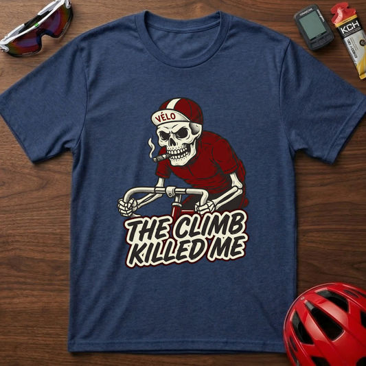 Cycling T-Shirt — 'The Climb Killed Me' Skull Biker Tee