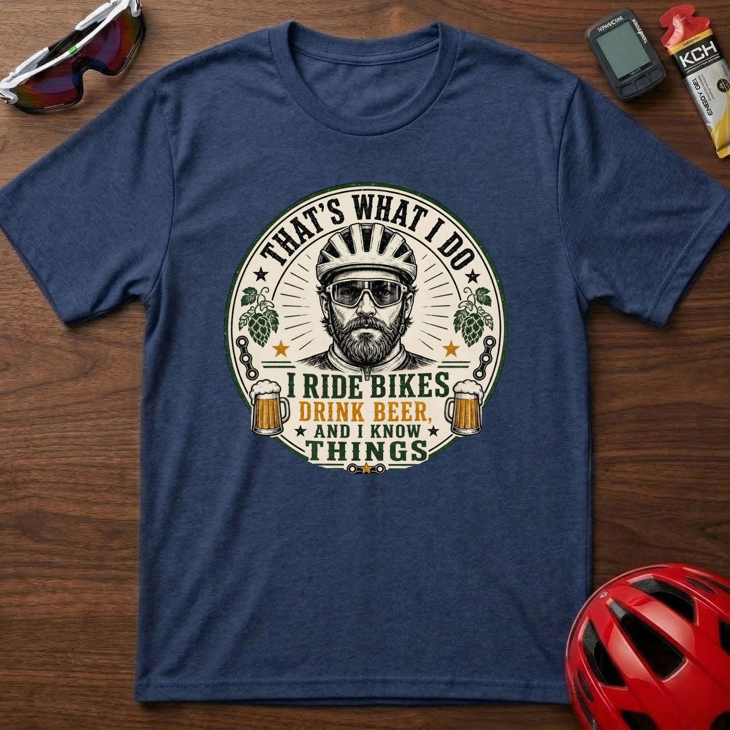 Cycling T-Shirt — “That’s What I Do, I Ride Bikes, Drink Beer, And I Know Things” Retro Cycling Tee