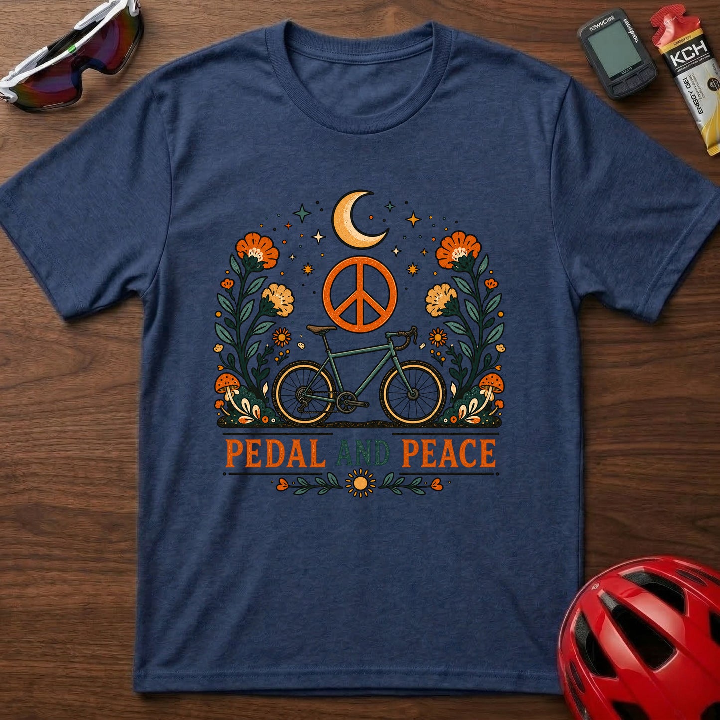 Pedal and Peace Cycling T‑Shirt — Moon, Flowers & Peace Sign Cycling Tee