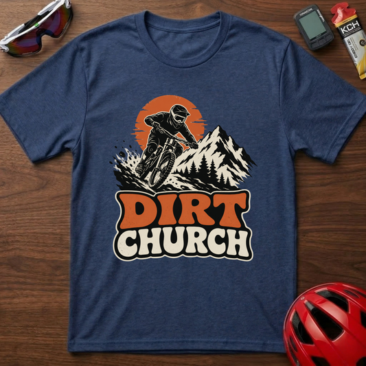 Dirt Church Mountain Biking T-Shirt — Retro Sunset MTB Tee