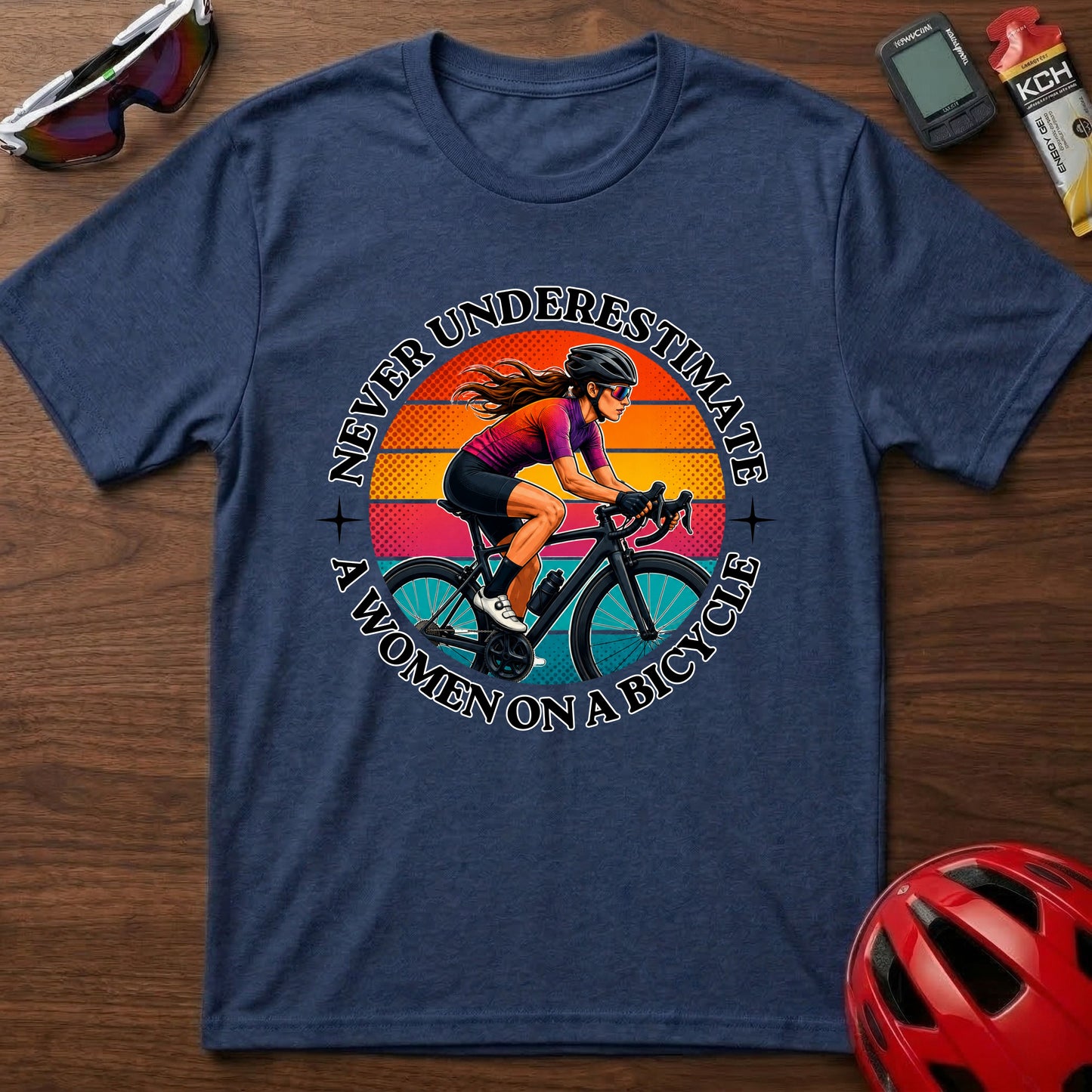 Never Underestimate A Woman On A Bicycle T-Shirt — Retro Cycling Tee for Women