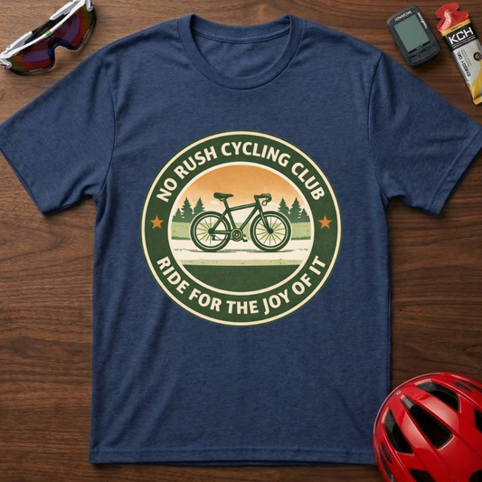 Cycling T-Shirt — “No Rush Cycling Club: Ride for the Joy of It” Vintage Bike Tee