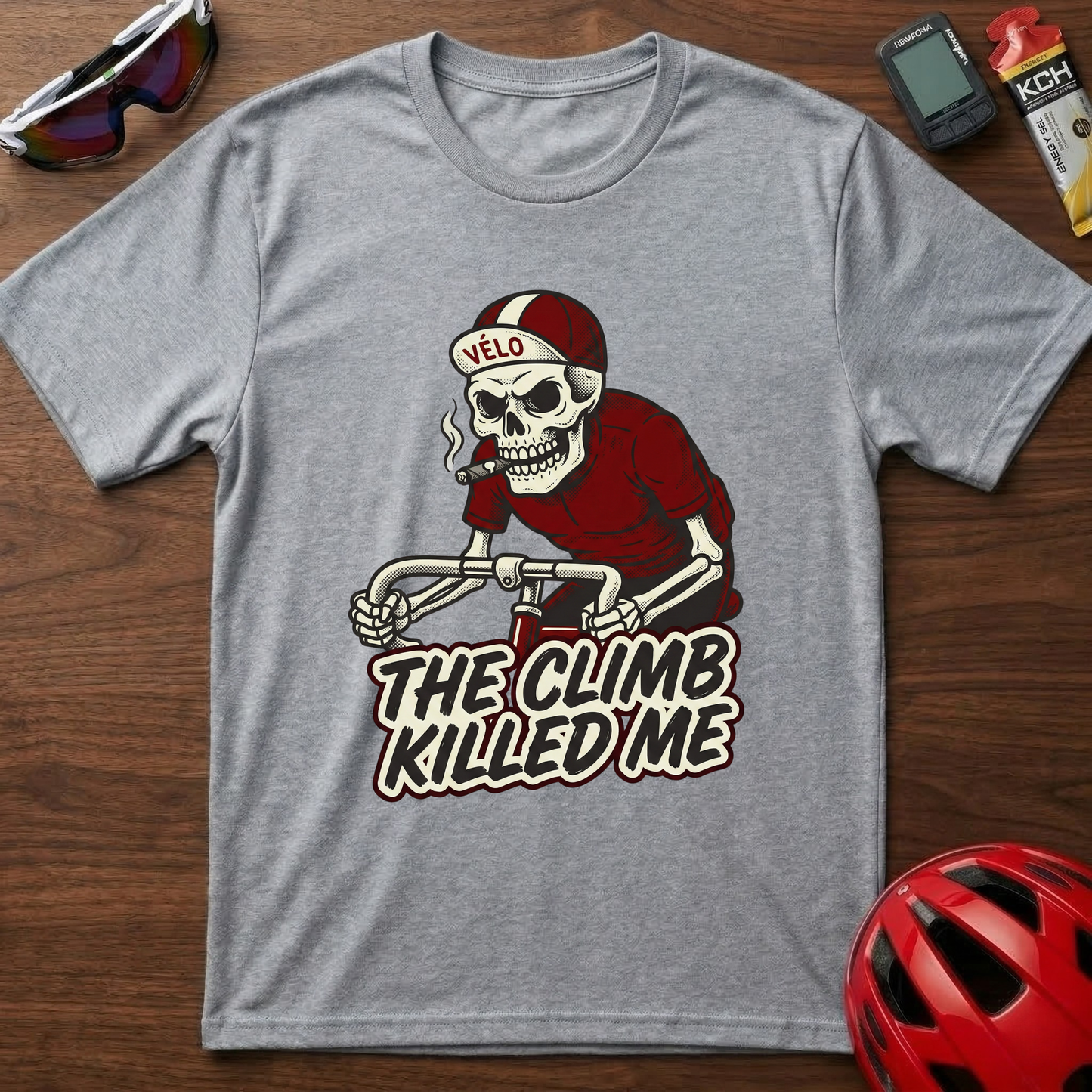 Cycling T-Shirt — 'The Climb Killed Me' Skull Biker Tee