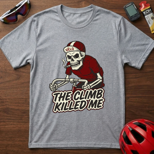 Cycling T-Shirt — 'The Climb Killed Me' Skull Biker Tee