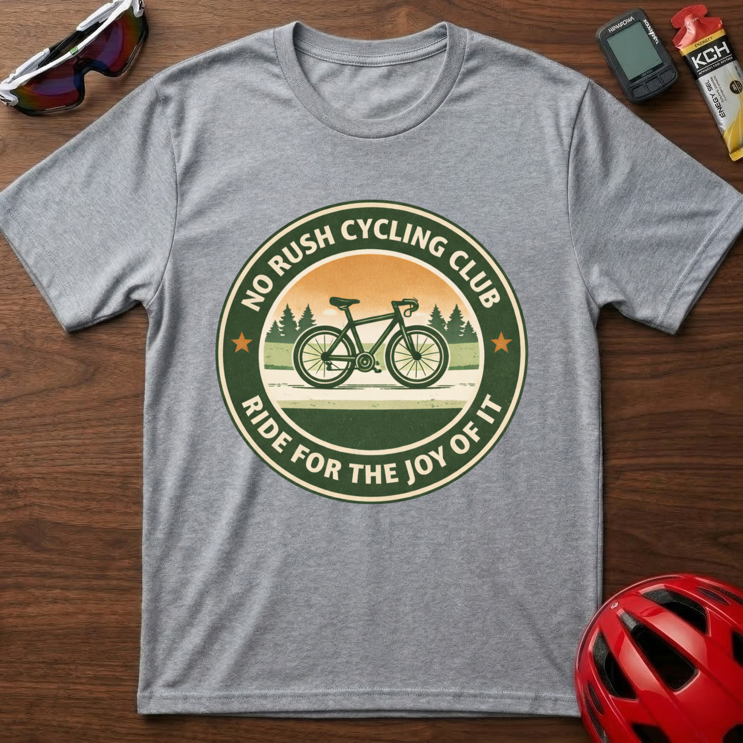 Cycling T-Shirt — “No Rush Cycling Club: Ride for the Joy of It” Vintage Bike Tee