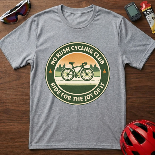 Cycling T-Shirt — “No Rush Cycling Club: Ride for the Joy of It” Vintage Bike Tee