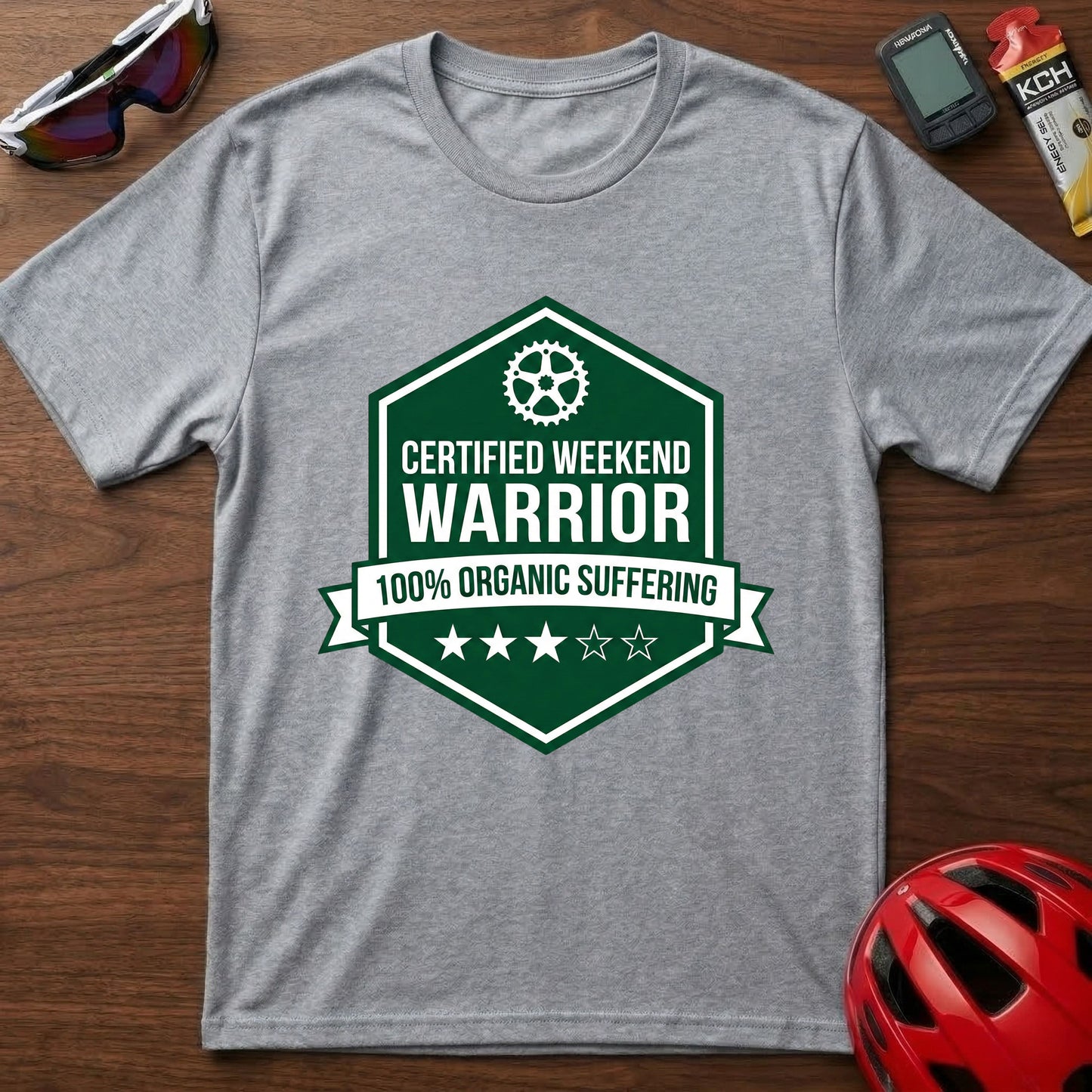 Weekend Warrior Cycling T-Shirt — “Certified Weekend Warrior: 100% Organic Suffering” Badge Tee