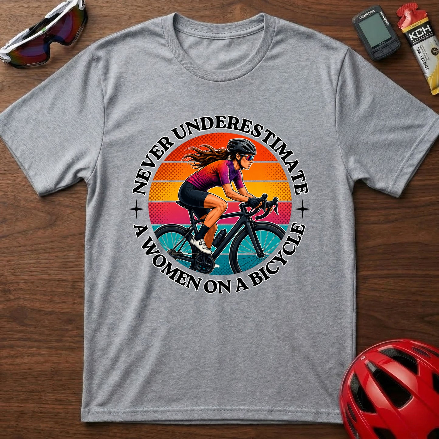 Never Underestimate A Woman On A Bicycle T-Shirt — Retro Cycling Tee for Women
