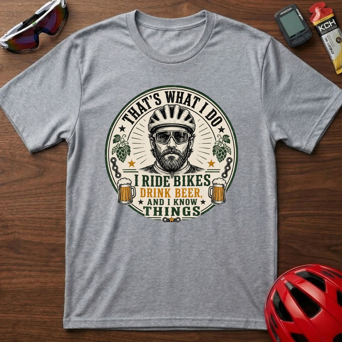 Cycling T-Shirt — “That’s What I Do, I Ride Bikes, Drink Beer, And I Know Things” Retro Cycling Tee