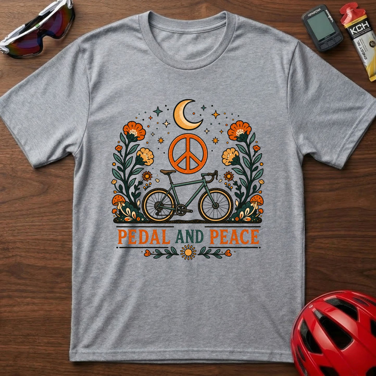 Pedal and Peace Cycling T‑Shirt — Moon, Flowers & Peace Sign Cycling Tee