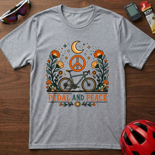 Pedal and Peace Cycling T‑Shirt — Moon, Flowers & Peace Sign Cycling Tee