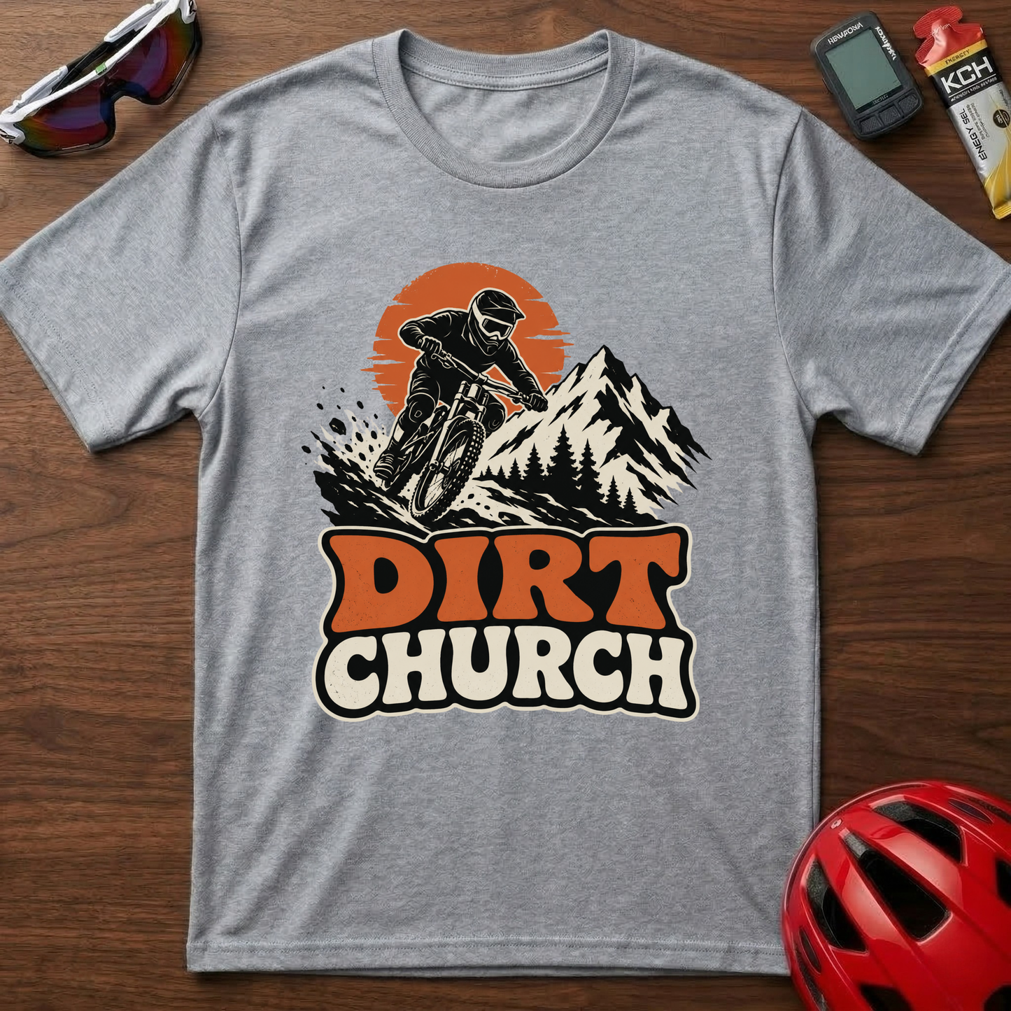 Dirt Church Mountain Biking T-Shirt — Retro Sunset MTB Tee