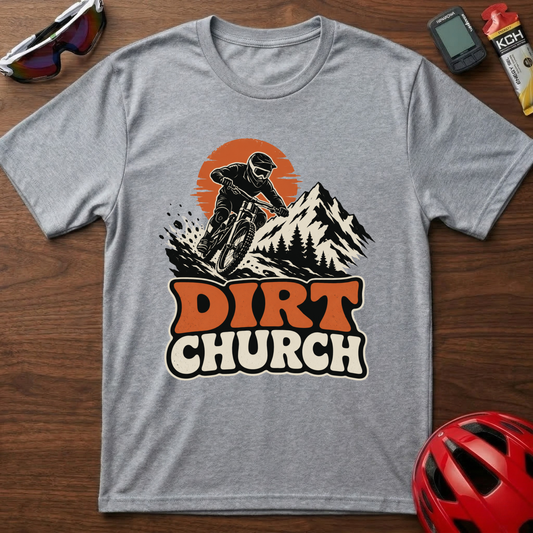 Dirt Church Mountain Biking T-Shirt — Retro Sunset MTB Tee